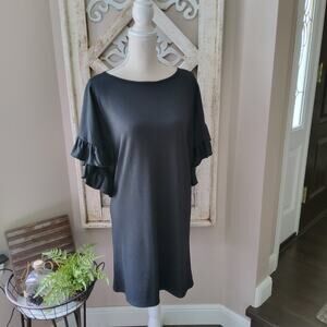 Pixy & Ivy Black Ruffle Sleeve Shift Midi Dress Minimalist Office Chic LBD S & L